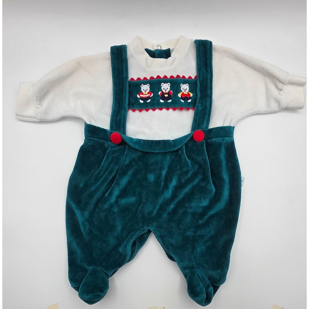 Little‎ Me Vintage 3M Green Velour Teddy Bear Smocked Footed Sleeper Romper